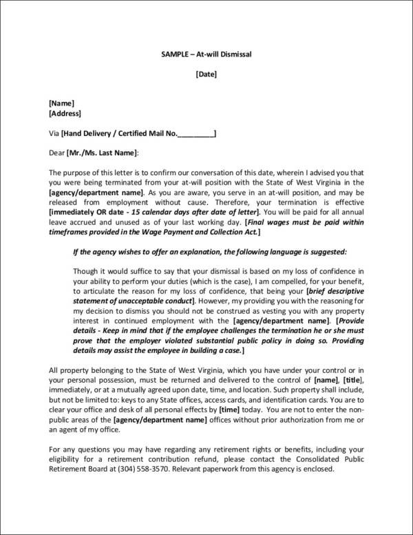 termination letter for at will employment