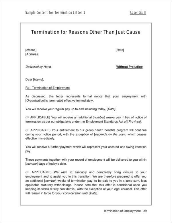 termination letter for reasons other than just cause 
