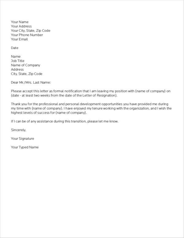 two week resignation letter template