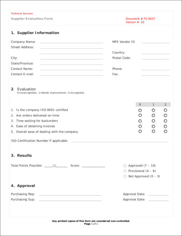 vendor evaluation form sample