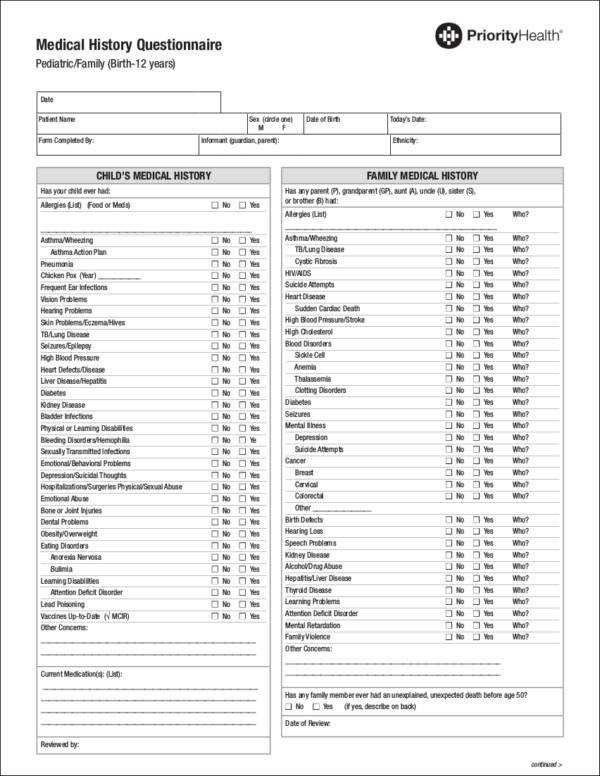 well child medical history checklist template 