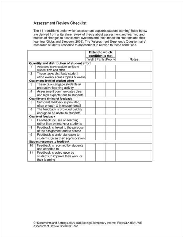assessment review checklist template