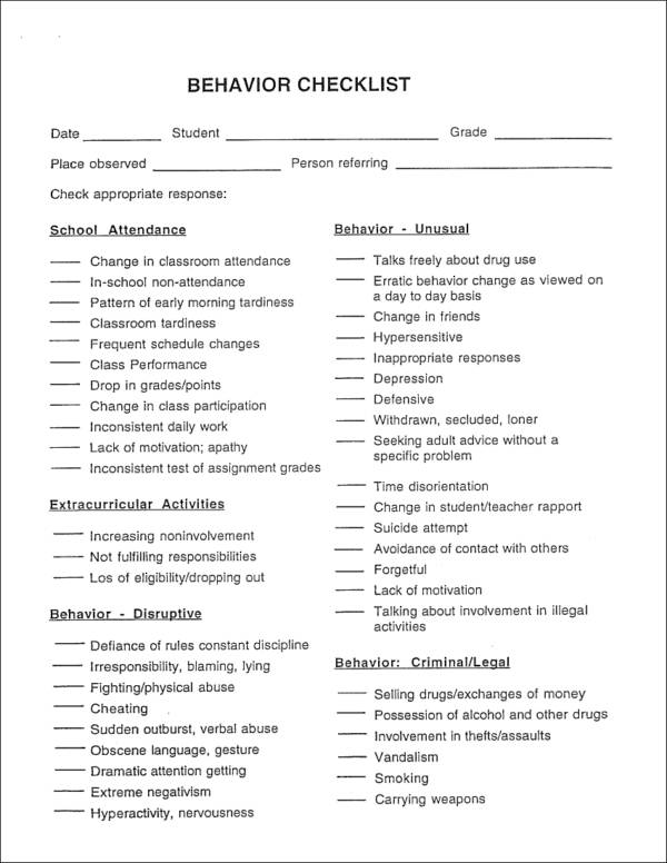 behavior checklist template