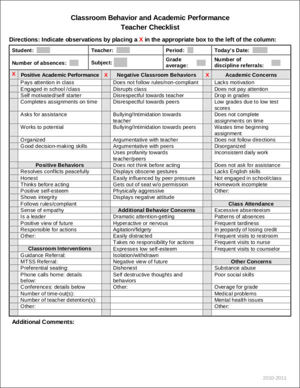 behavior checklist for classroom