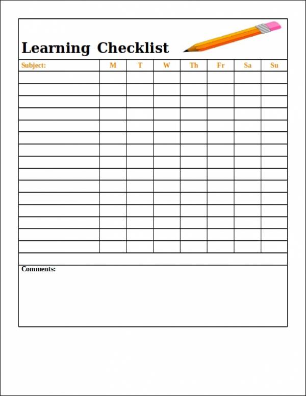 blank student learning checklist