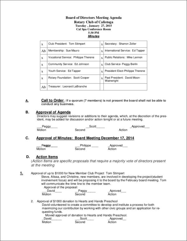 Board Of Directors Meeting Agenda Template