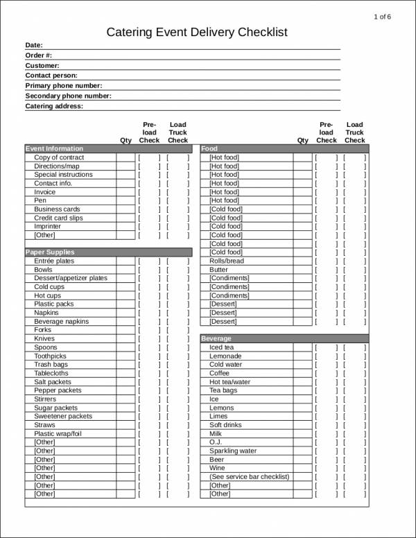 catering event delivery worksheet