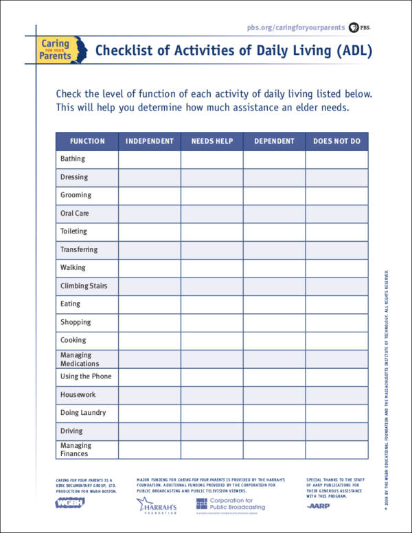 checklist of activities of daily living