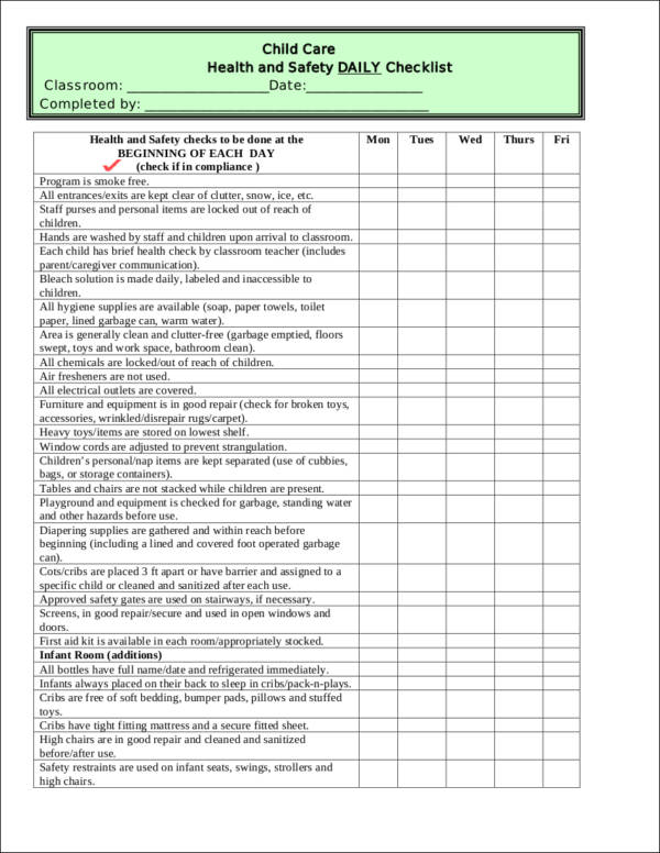child care health and safety daily checklist