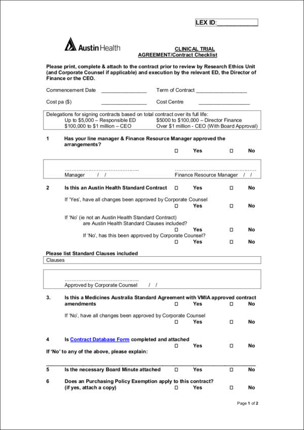 clinical trial agreement contract checklist