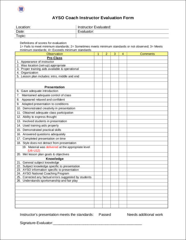 coach trainer evaluation form template