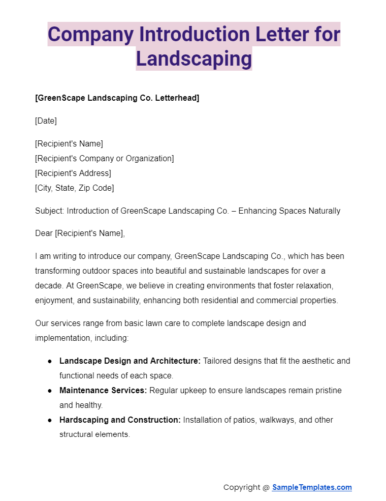 company introduction letter for landscaping