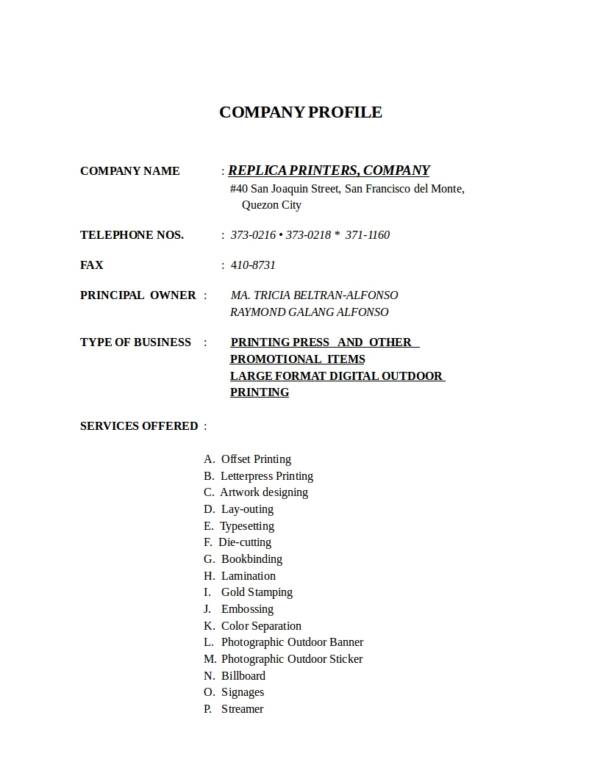 company profile format for new company