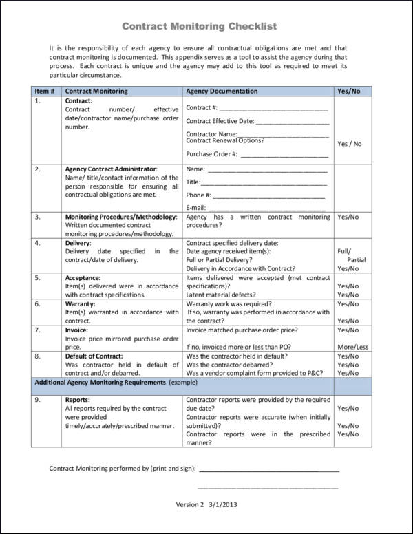contract monitoring checklist