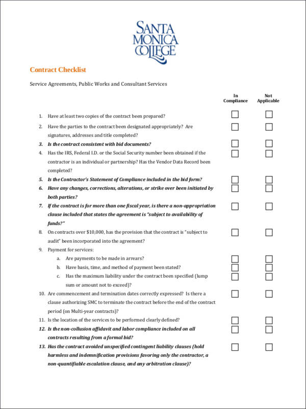 contract provisions checklist
