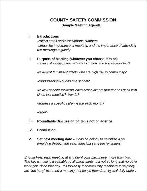 county safety meeting agenda sample