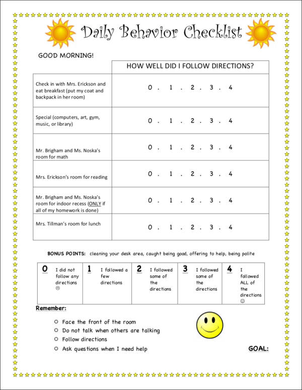 daily behavior checklist