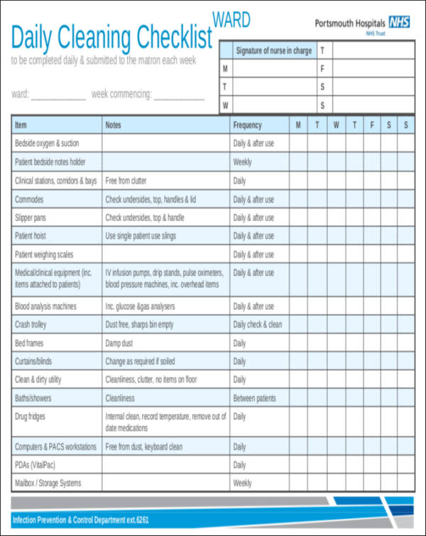 daily ward cleaning checklist template1