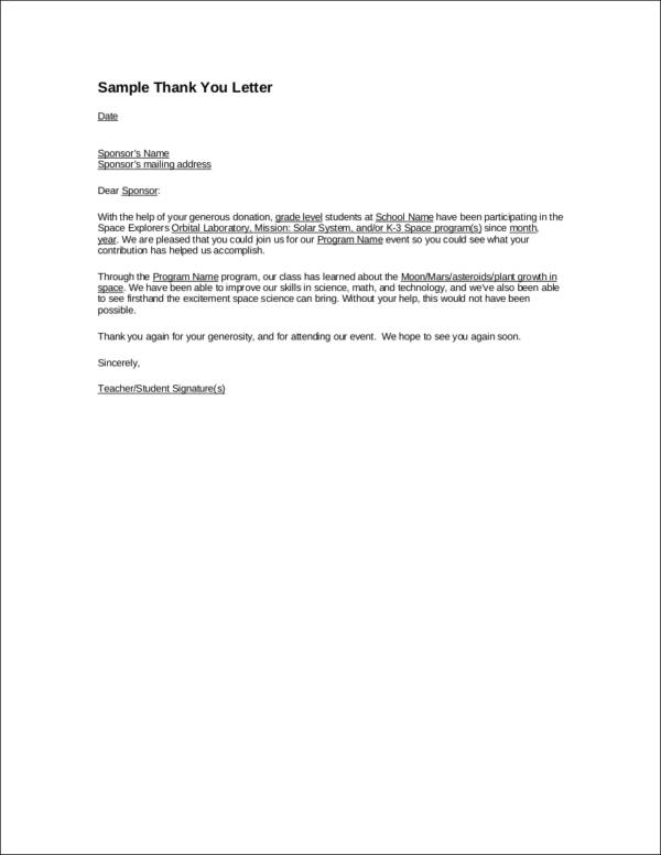 donation thank you letter template for program event
