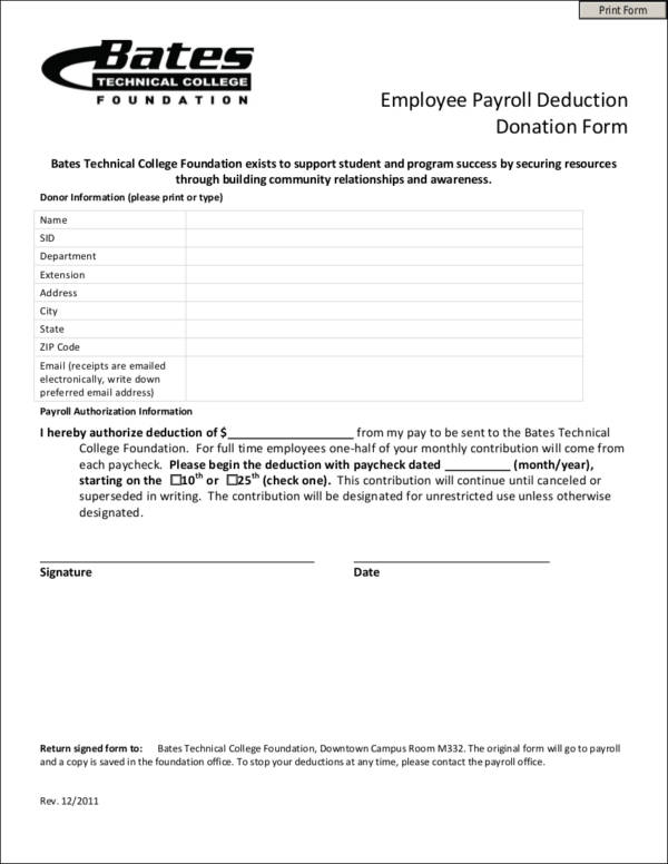 employee payroll deduction form for donation