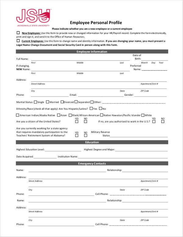 employee personal profile form