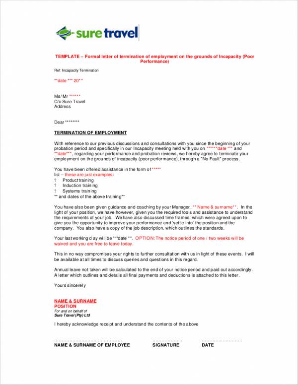 formal letter of termination of employment on the grounds of incapacity