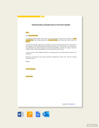 free professional official resignation letter with regret template