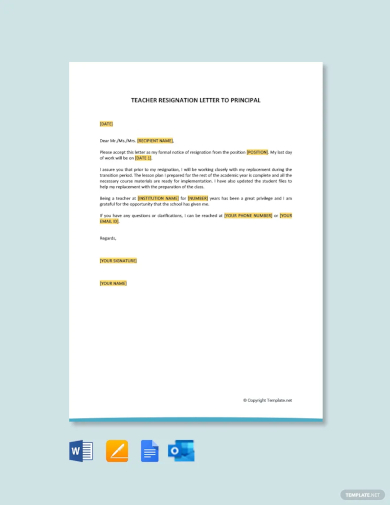 free teacher official resignation letter to principal template