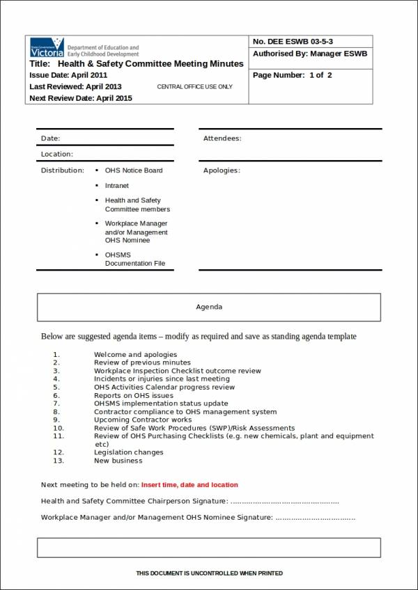 health committee safety agenda template