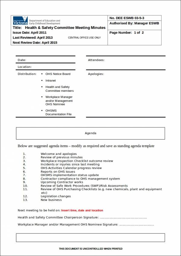 Safety Committee Meeting Agenda And Minutes Template Use Committee 51E