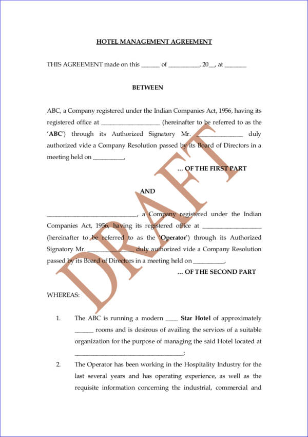 Hotel Management Agreement Contract Template 