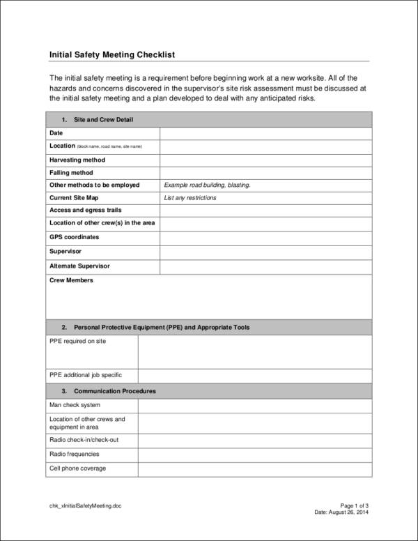initial safety meeting checklist template