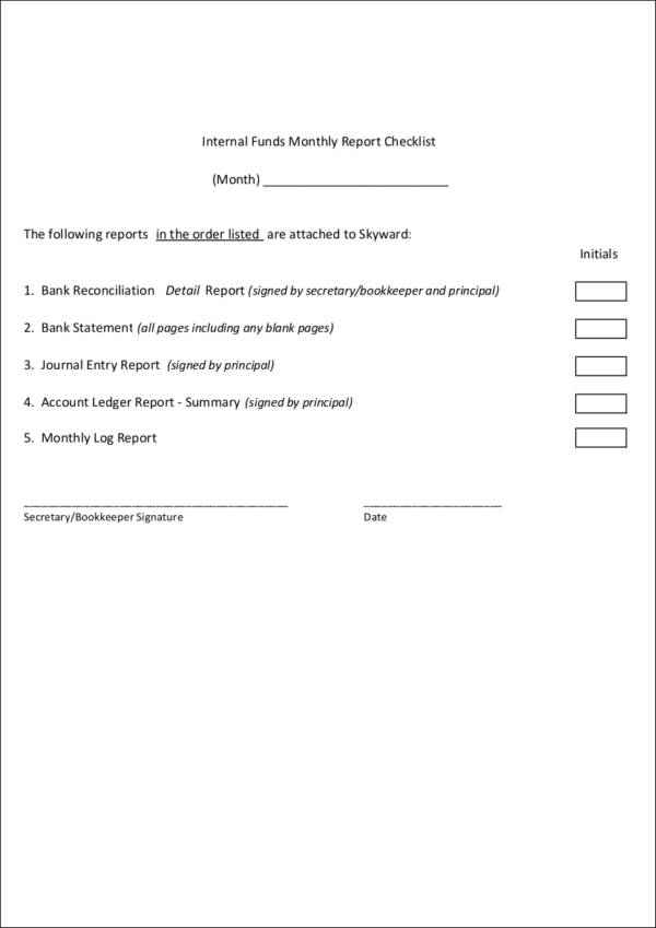 internal funds monthly report checklist