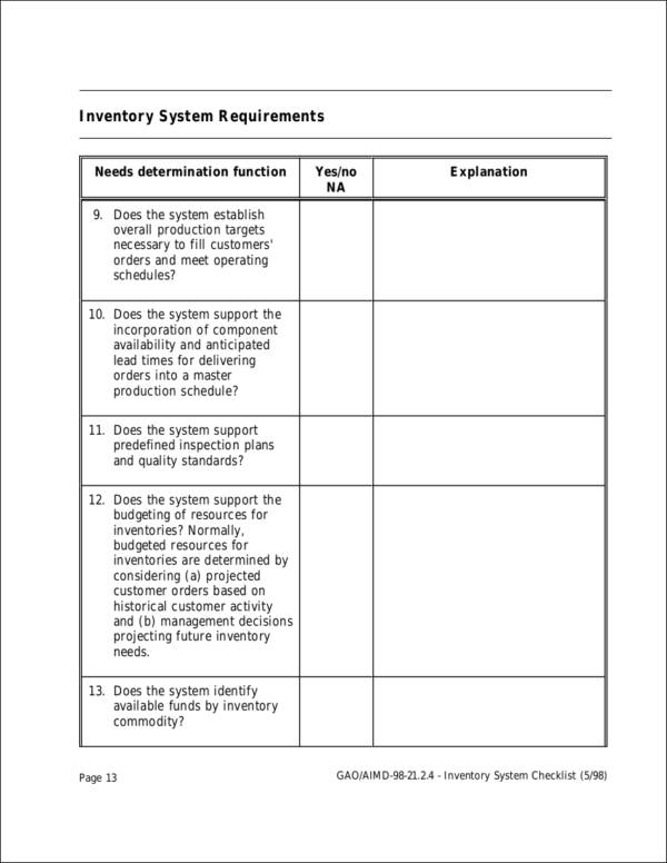 inventory system checklist sample