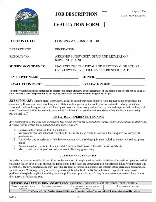 job description evaluation form template