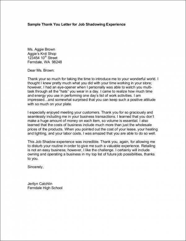 job shadow thank you letter sample