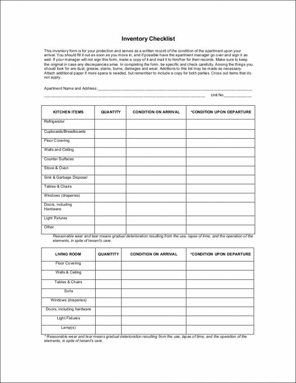kitchen inventory checklist sample