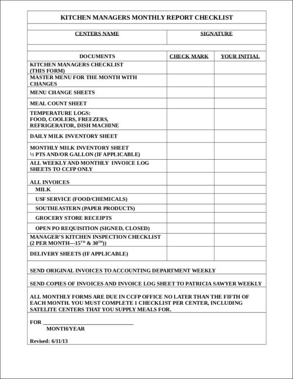 kitchen managers monthly report checklist