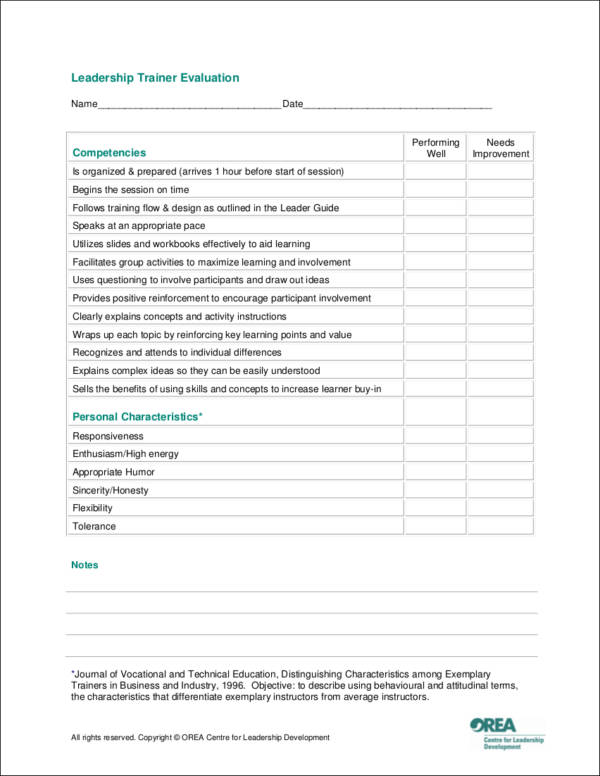 leadership trainer evaluation form template