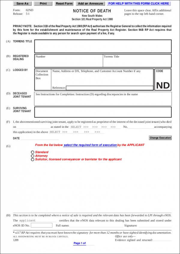 legal notice of death template