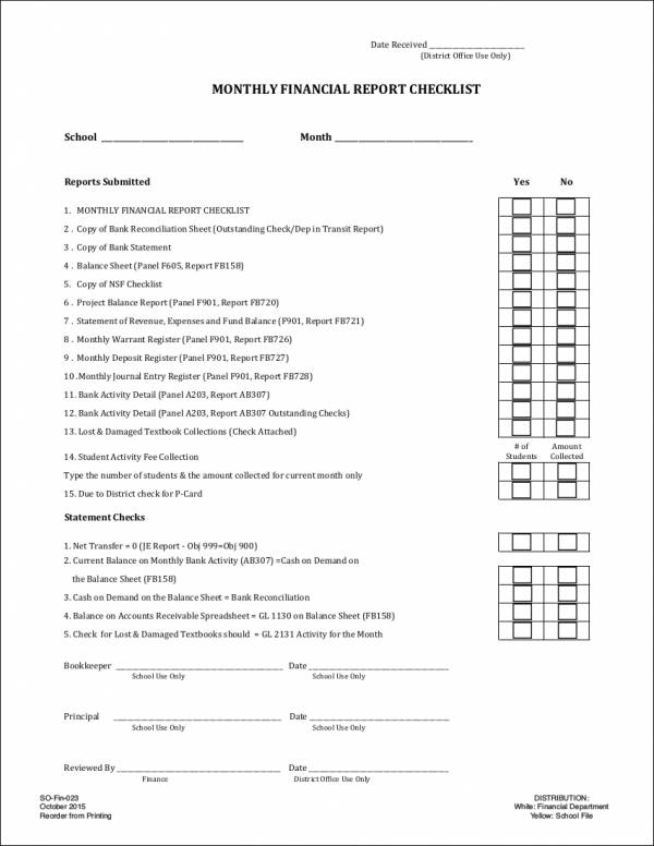 monthly financial report checklist