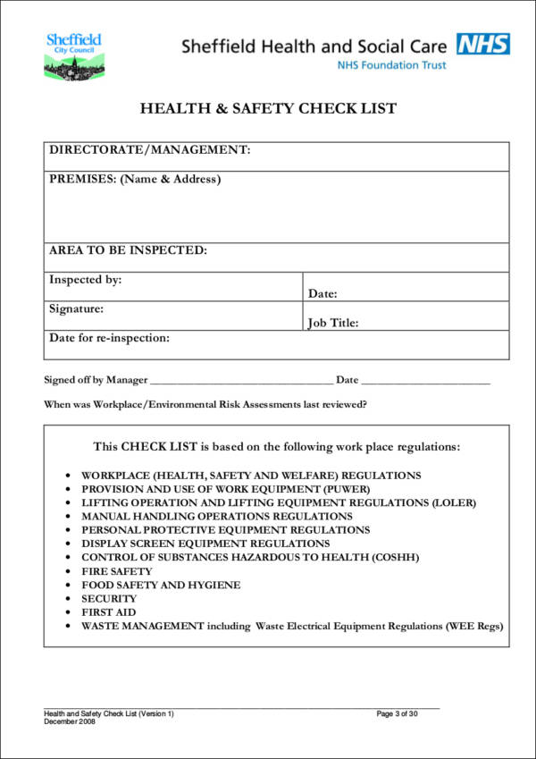 monthly health and safety inspection checklist
