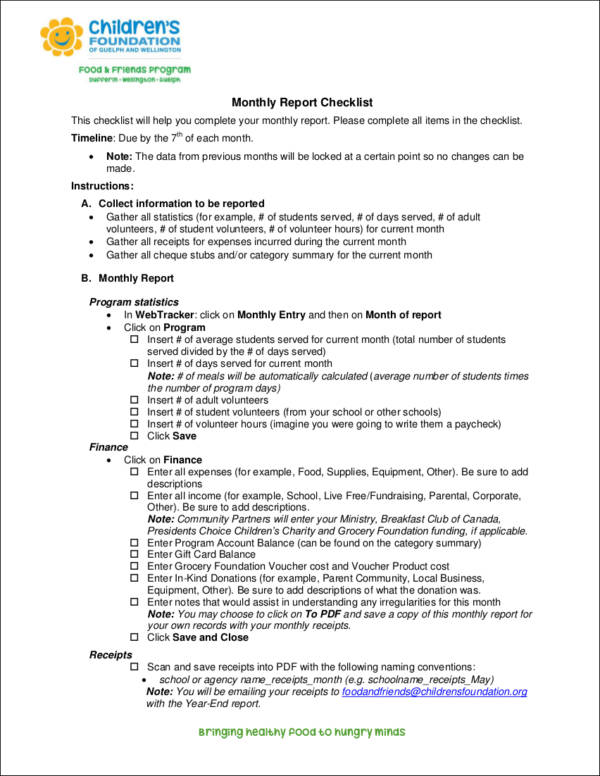 monthly report checklist for childrens foundation