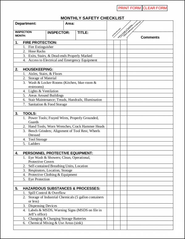 monthly safety checklist template