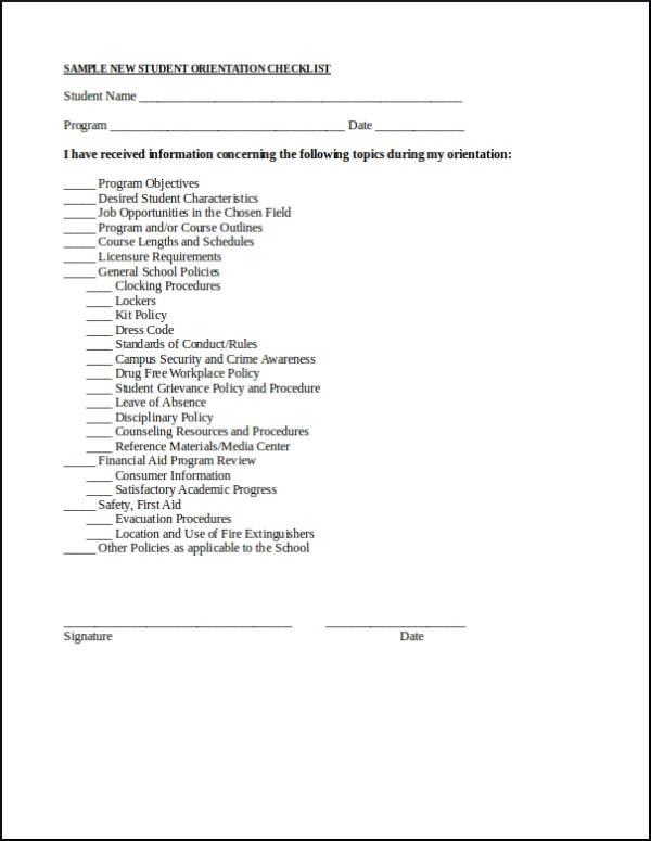 new student orientation checklist sample
