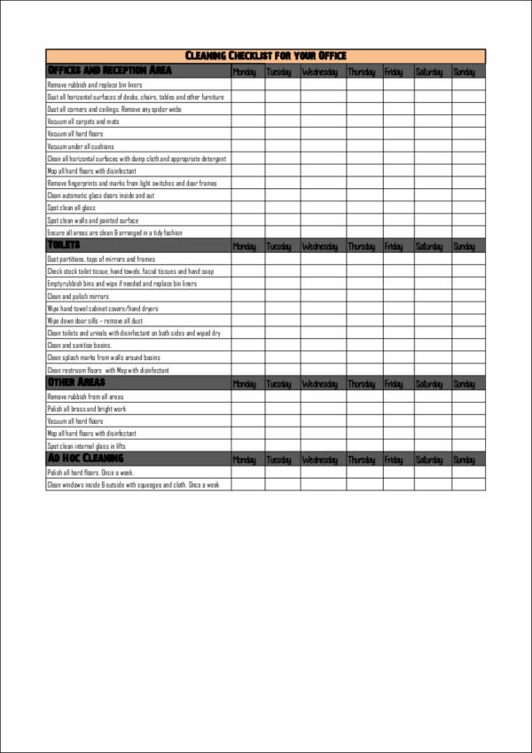 Printable Office Cleaning Checklist Template Printable Templates