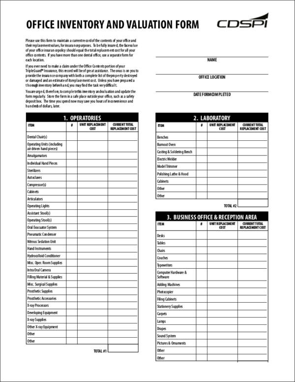 office inventory checklist sample