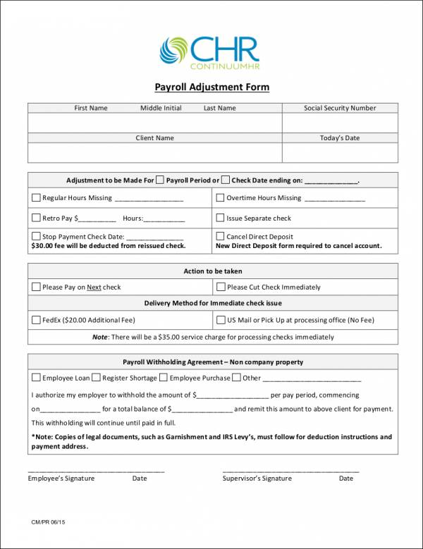 payroll adjustment form template