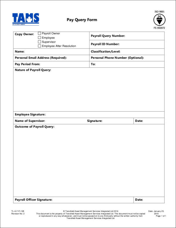 payroll query form template