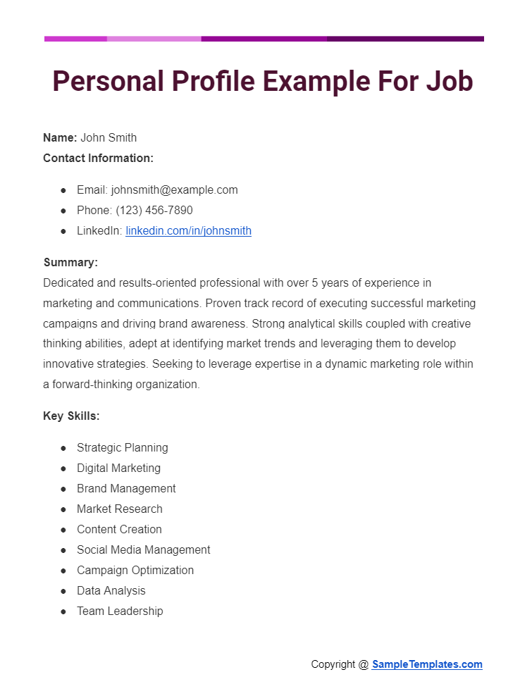 personal profile example for job